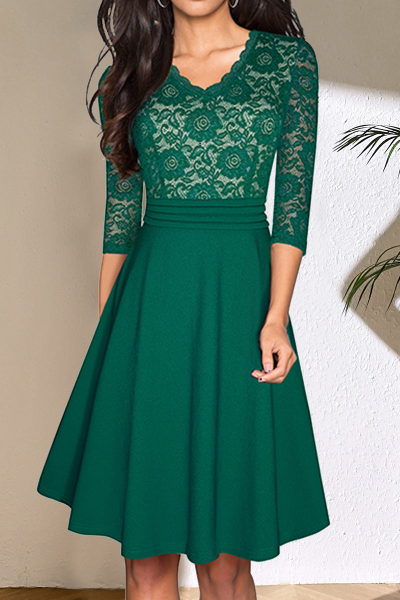V-Neck Lace Detail Knee-Length Dress - Green / S - All Dresses - Dresses - 24 - 2024