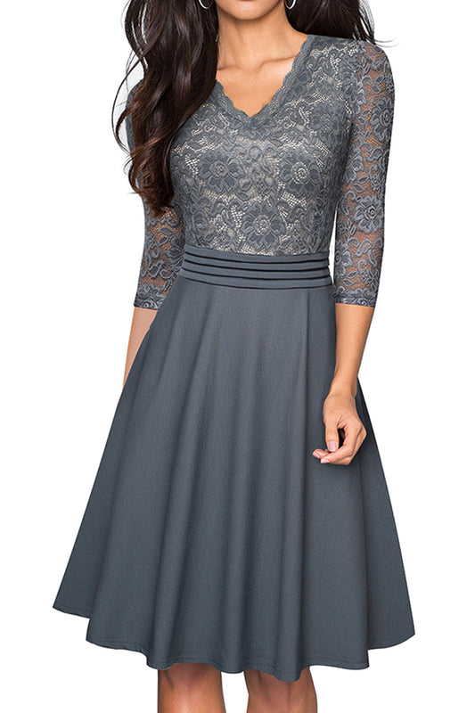 V-Neck Lace Detail Knee-Length Dress - Charcoal / S - All Dresses - Dresses - 1 - 2024