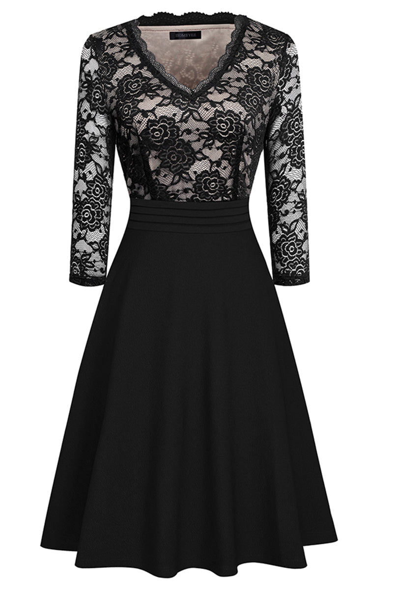 V-Neck Lace Detail Knee-Length Dress - Black / S - All Dresses - Dresses - 6 - 2024