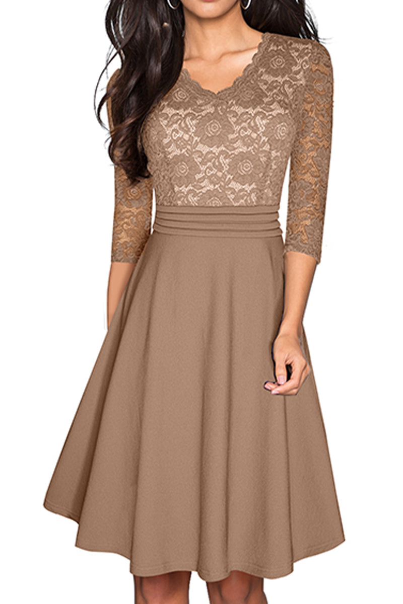 V-Neck Lace Detail Knee-Length Dress - Brown / S - All Dresses - Dresses - 21 - 2024
