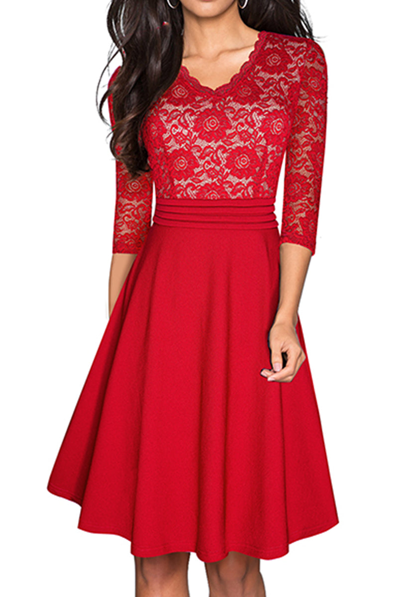V-Neck Lace Detail Knee-Length Dress - Red / S - All Dresses - Dresses - 25 - 2024