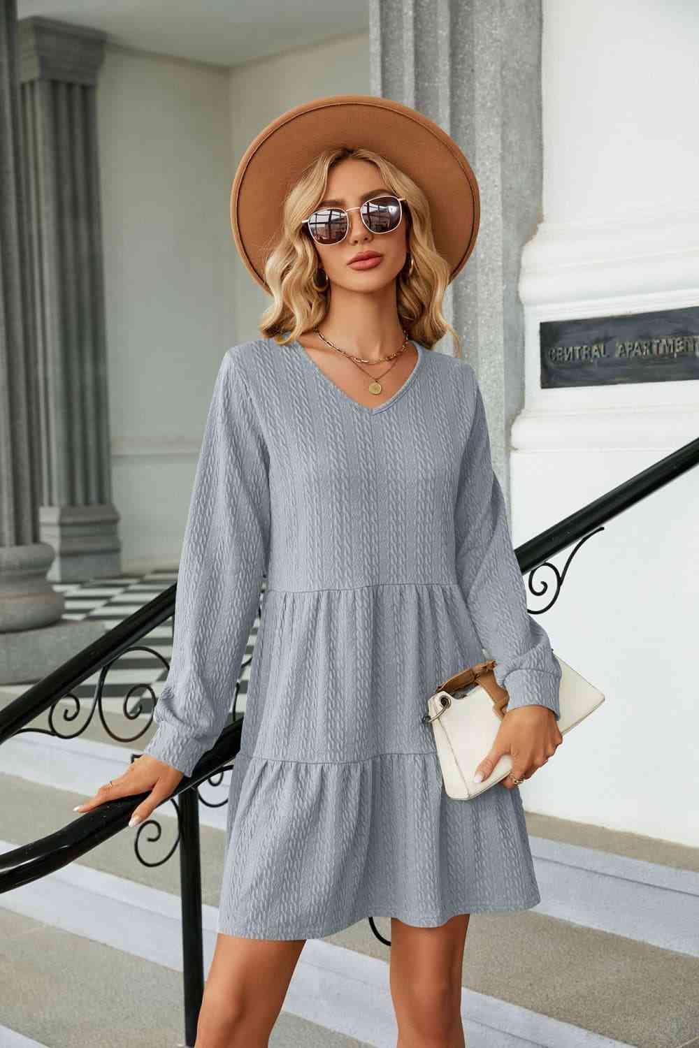 V-Neck Long Sleeve Mini Dress - Light Gray / S - All Dresses - Dresses - 19 - 2024