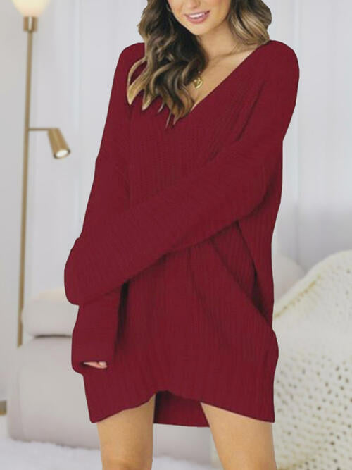 V-Neck Long Sleeve Mini Sweater Dress - Wine / S - All Dresses - Dresses - 7 - 2024
