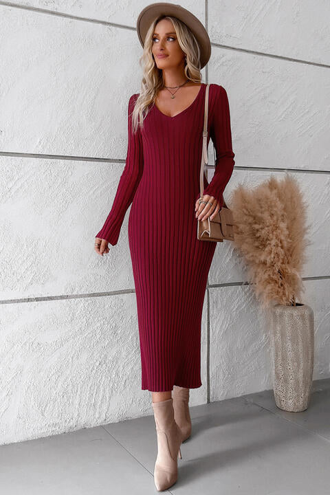 V-Neck Long Sleeve Ribbed Sweater Dress - Wine / S - All Dresses - Dresses - 1 - 2024