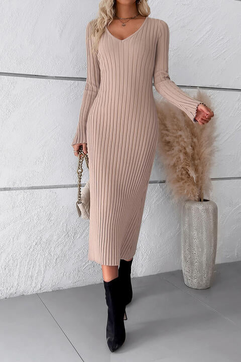 V-Neck Long Sleeve Ribbed Sweater Dress - Dust Storm / S - All Dresses - Dresses - 11 - 2024