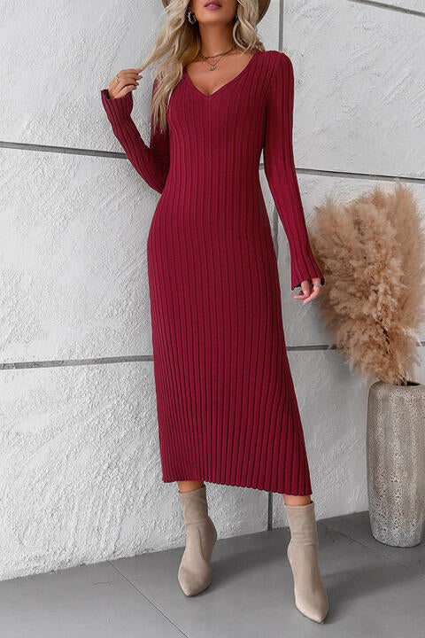 V-Neck Long Sleeve Ribbed Sweater Dress - All Dresses - Dresses - 3 - 2024