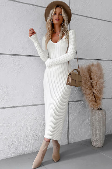 V-Neck Long Sleeve Ribbed Sweater Dress - White / S - All Dresses - Dresses - 4 - 2024