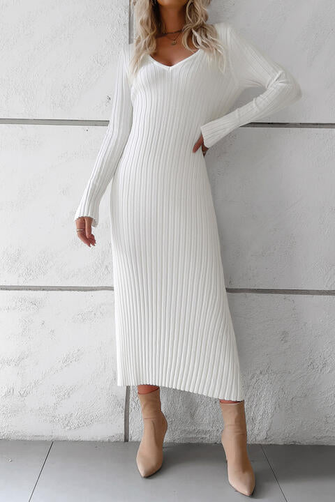 V-Neck Long Sleeve Ribbed Sweater Dress - All Dresses - Dresses - 5 - 2024