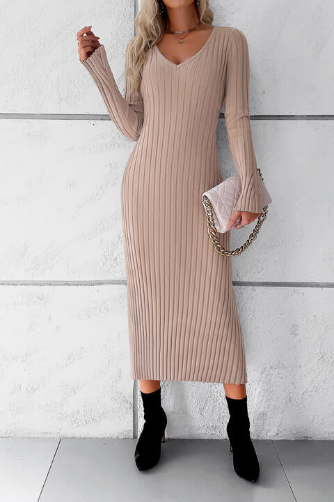 V-Neck Long Sleeve Ribbed Sweater Dress - All Dresses - Dresses - 13 - 2024