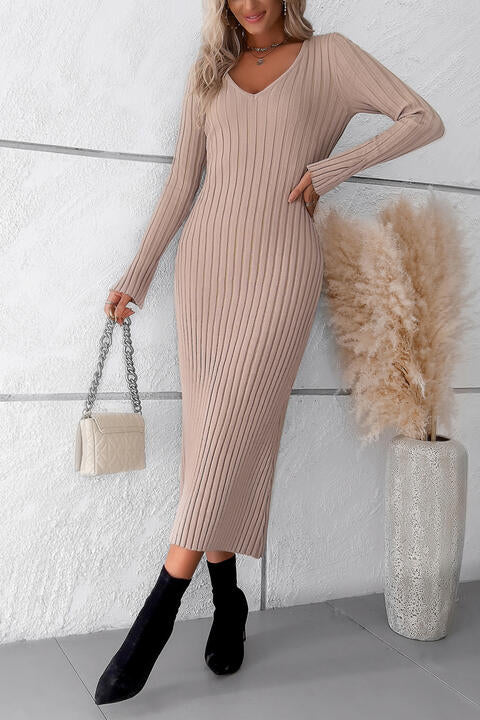 V-Neck Long Sleeve Ribbed Sweater Dress - All Dresses - Dresses - 12 - 2024