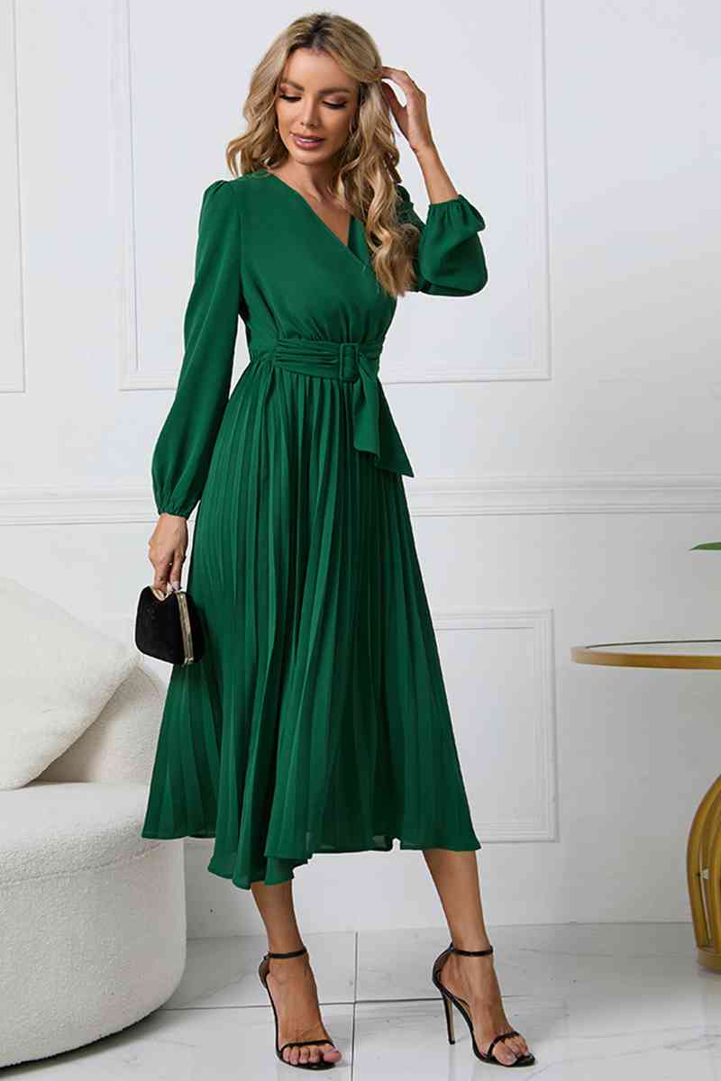 V-Neck Long Sleeve Tie Waist Midi Dress - Green / S - All Dresses - Dresses - 10 - 2024