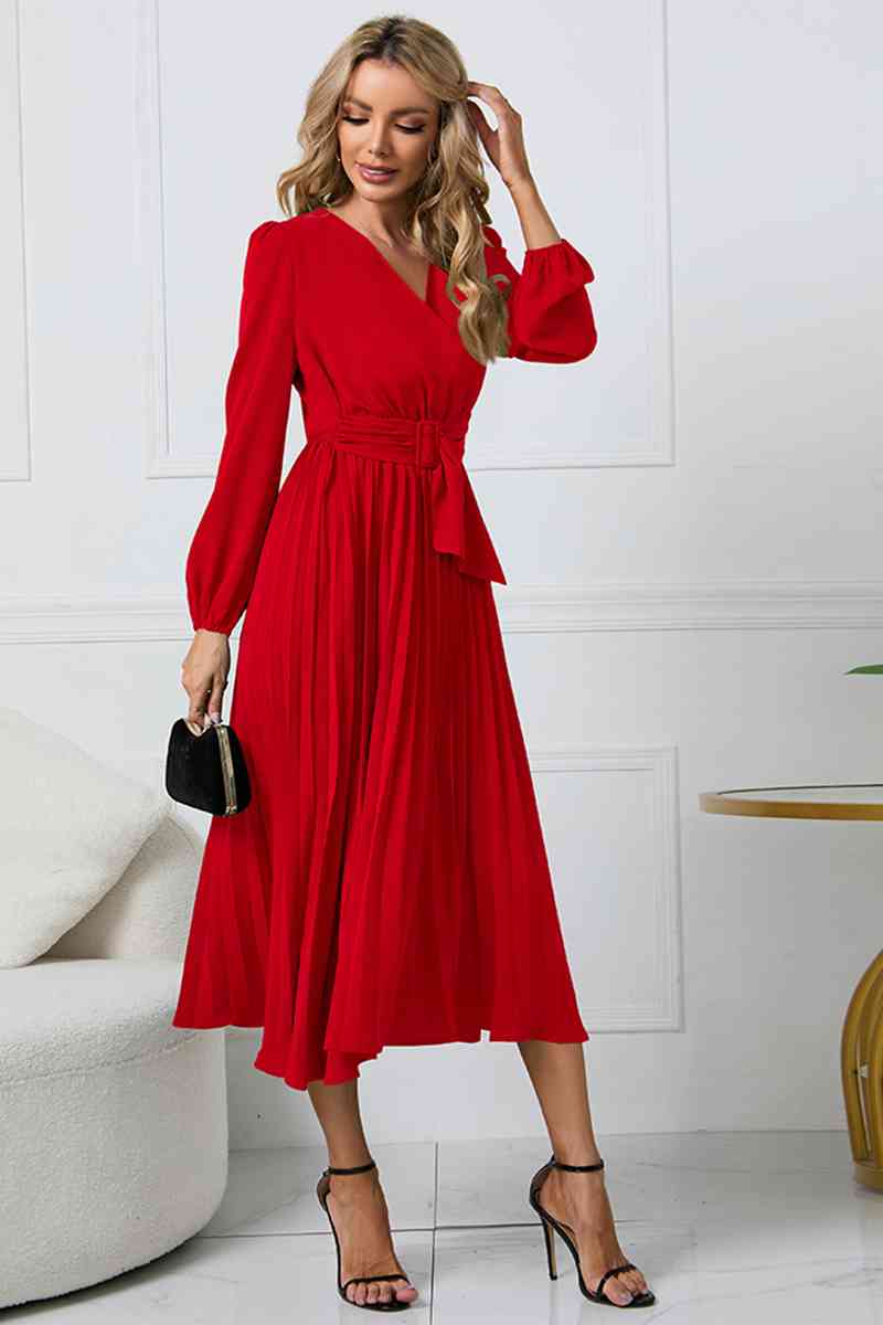 V-Neck Long Sleeve Tie Waist Midi Dress - Red / S - All Dresses - Dresses - 4 - 2024