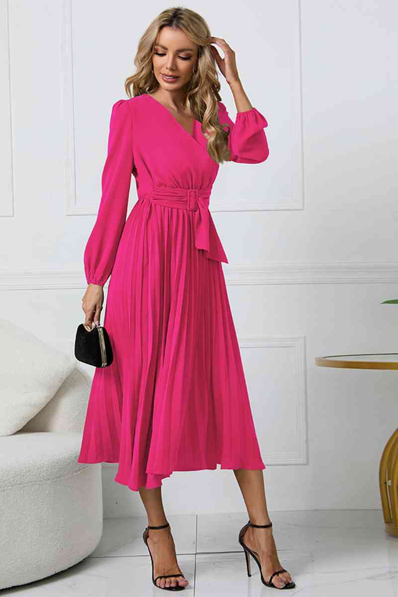 V-Neck Long Sleeve Tie Waist Midi Dress - Hot Pink / S - All Dresses - Dresses - 13 - 2024