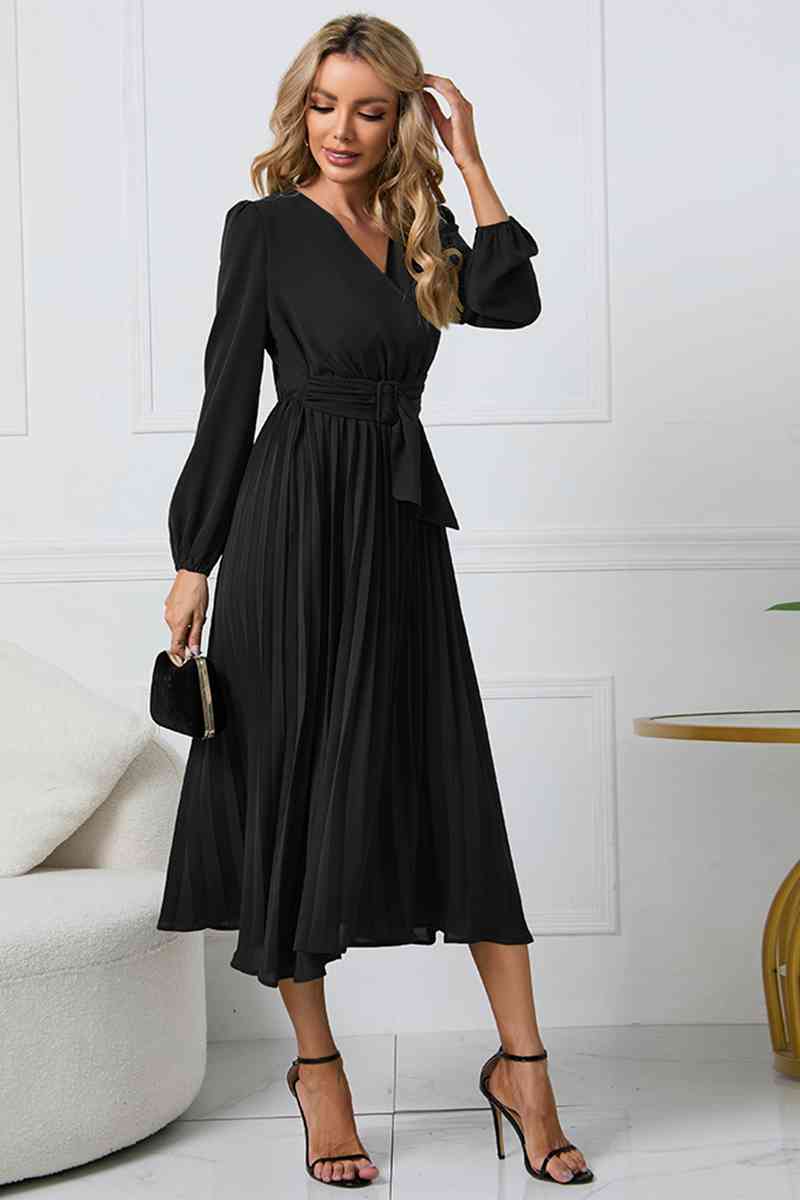 V-Neck Long Sleeve Tie Waist Midi Dress - Black / S - All Dresses - Dresses - 1 - 2024
