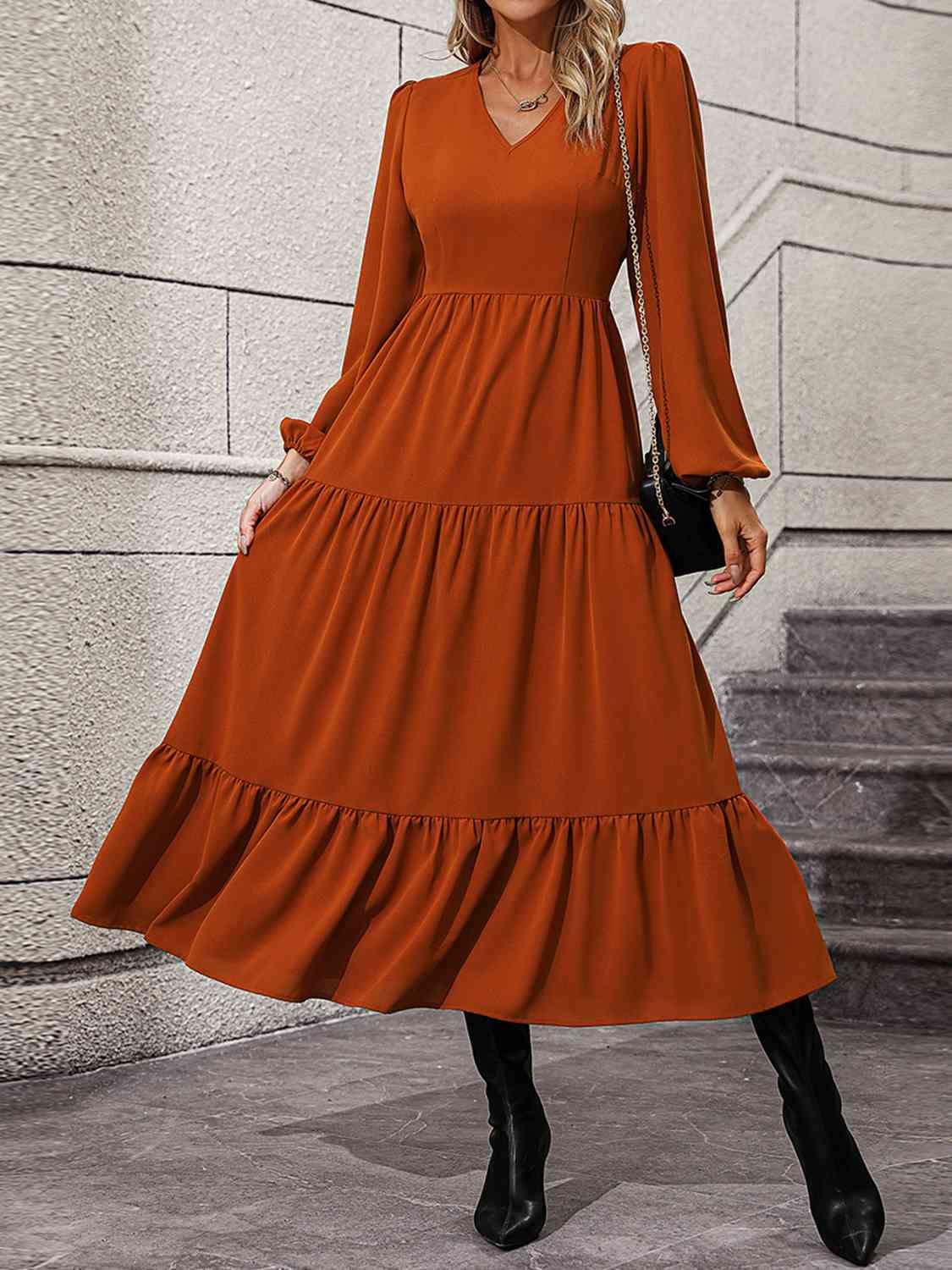 V-Neck Long Sleeve Tiered Dress - Terracotta / S - All Dresses - Dresses - 1 - 2024