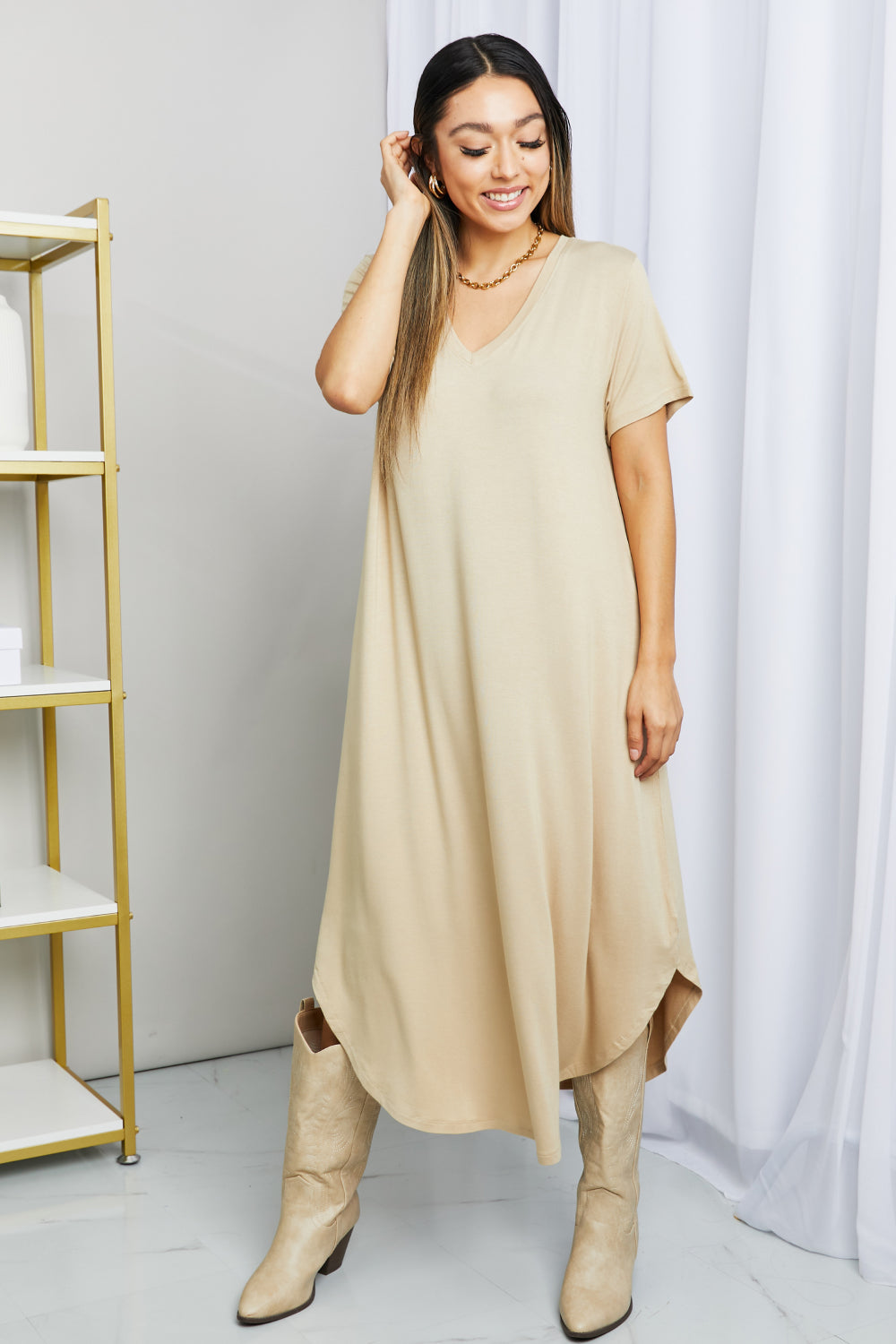 V-Neck Short Sleeve Curved Hem Dress in Caffe Latte - Beige / S - All Dresses - Dresses - 1 - 2024