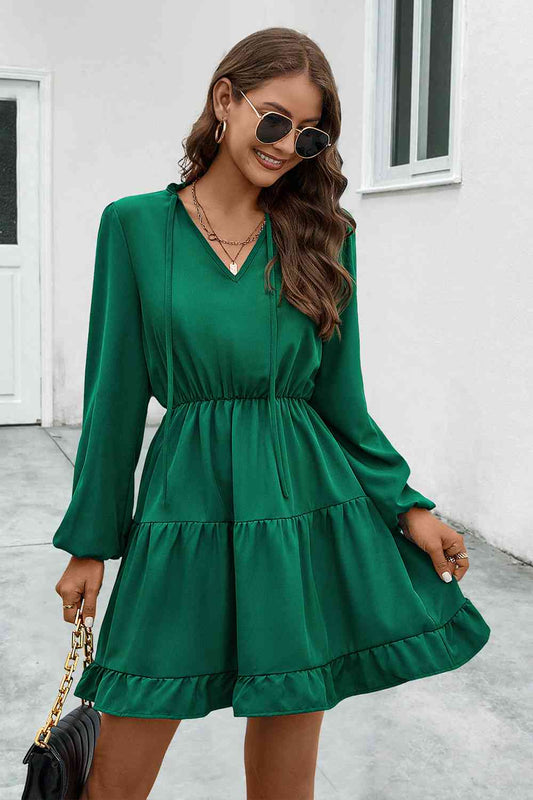 V-Neck Tie Neck Long Sleeve Dress - Green / S - All Dresses - Dresses - 1 - 2024