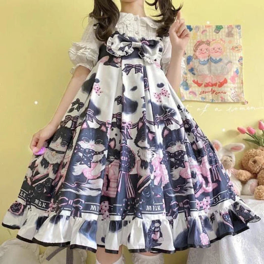 Victorian Gothic Lolita Dress - Cat Print Bow - Blue / S - All Dresses - Dresses - 1 - 2024