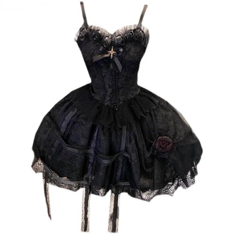 Victorian Gothic Lolita Dress - Sweet Lace & Rose Detail - Only Black Dress / One Size - All Dresses - Dresses - 7