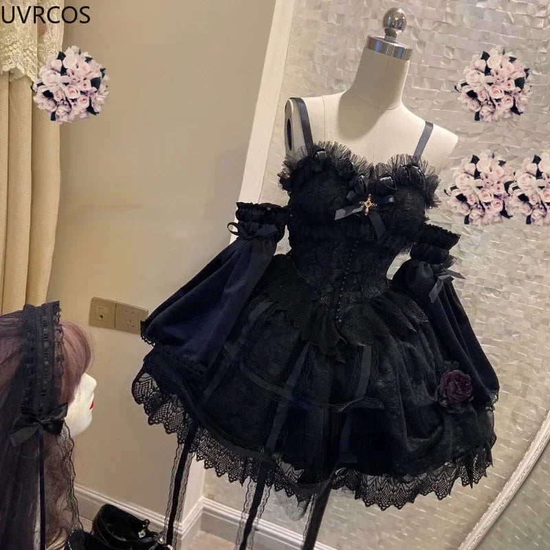 Victorian Gothic Lolita Dress - Sweet Lace & Rose Detail - Only Black Dress / One Size - All Dresses - Dresses - 6