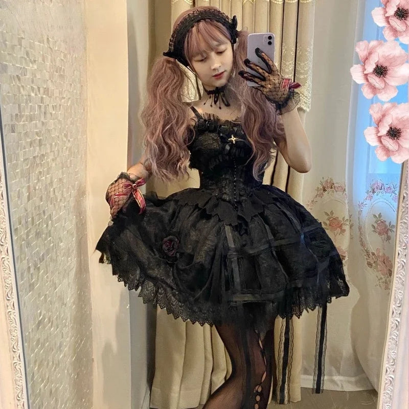 Victorian Gothic Lolita Dress - Sweet Lace & Rose Detail - Only Black Dress / One Size - All Dresses - Dresses - 2