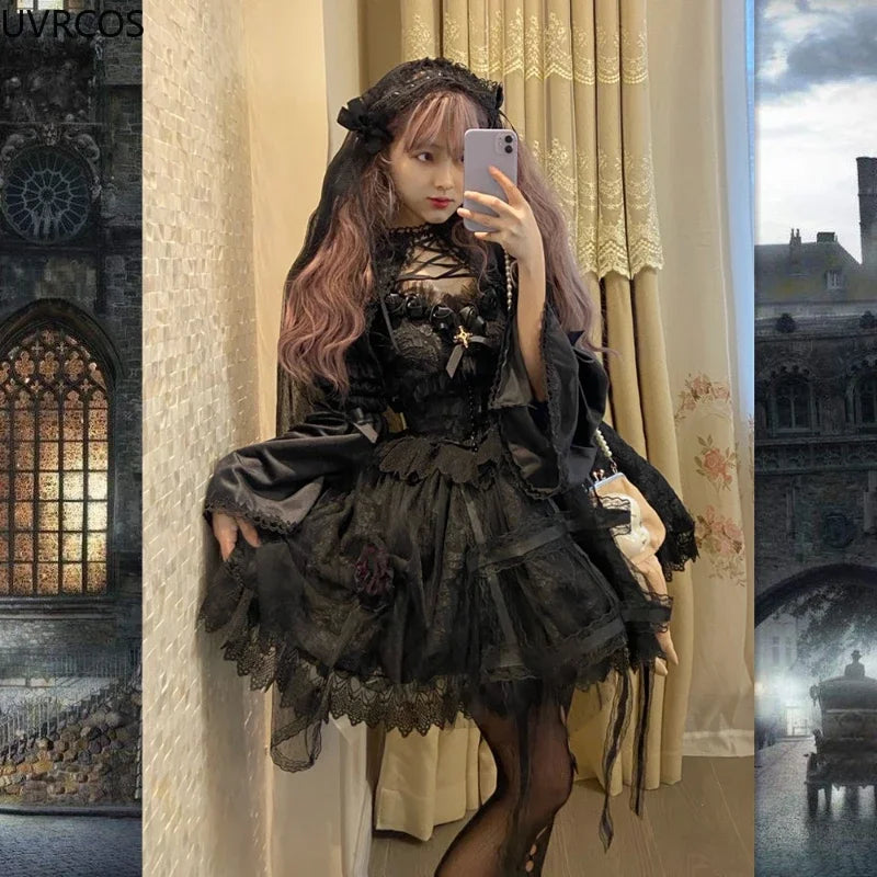 Victorian Gothic Lolita Dress - Sweet Lace & Rose Detail - Only Black Dress / One Size - All Dresses - Dresses - 5