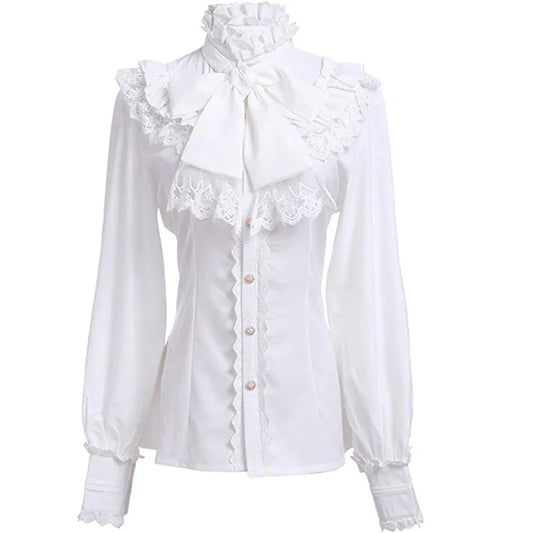 Vintage Victorian Ruched Lace Blouse - Gothic Lolita Long Sleeve Ruffled Top - White / XXL / Nearest Warehouse - All