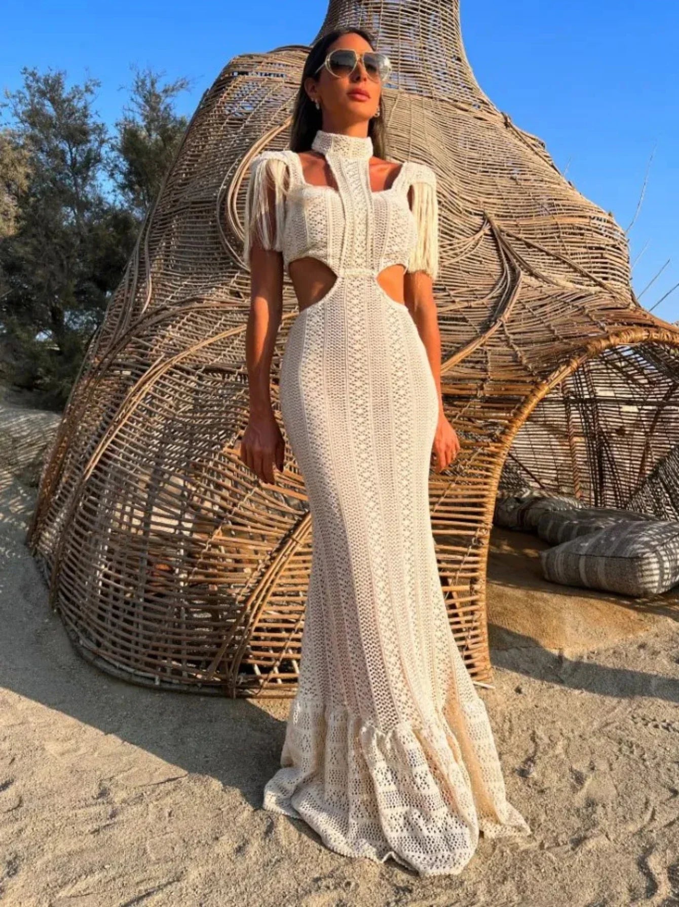 White Lace Turtleneck Dress: Sexy Slim Fit with Tassel Sleeves - All Dresses - Dresses - 4 - 2024