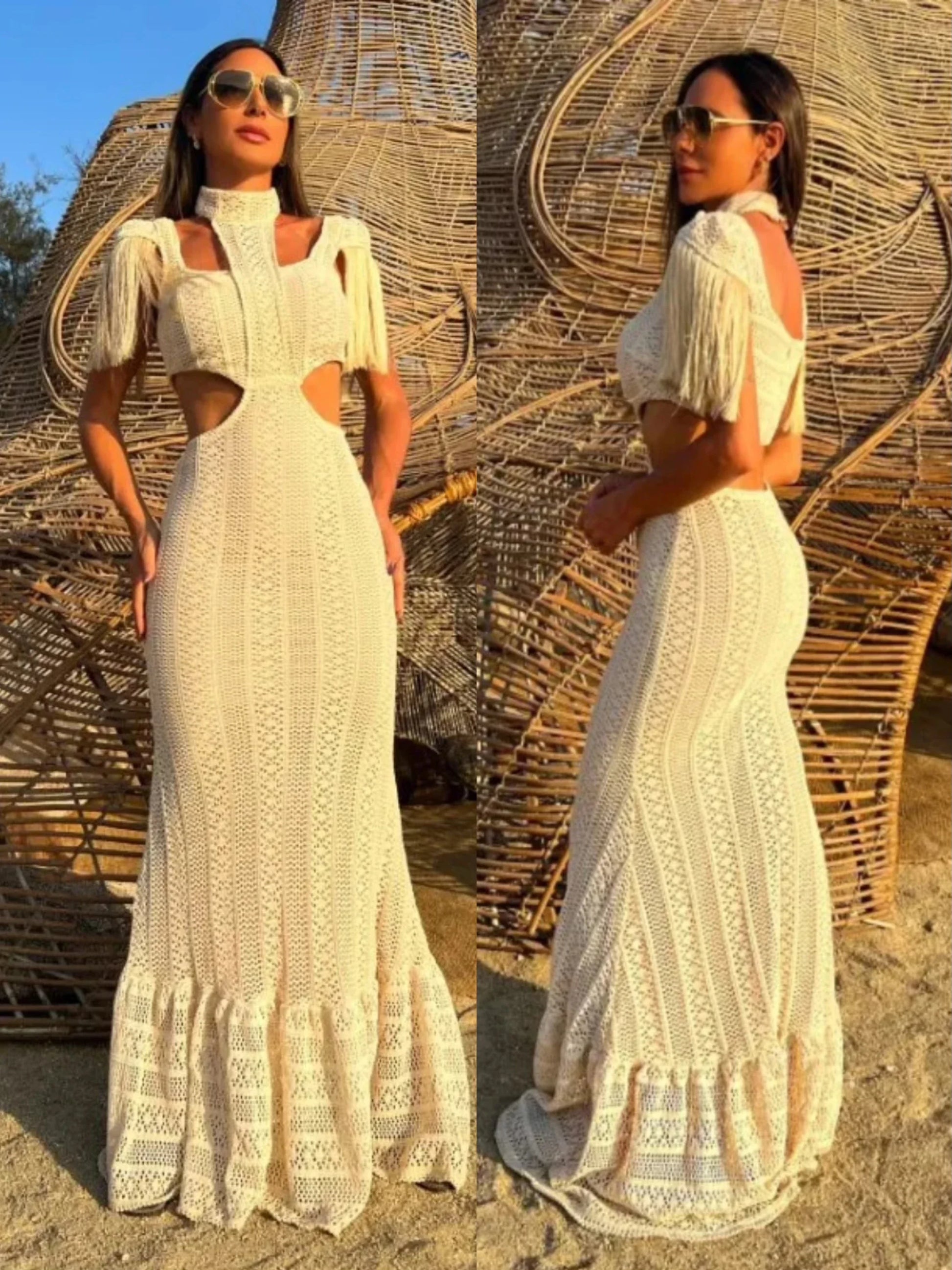 White Lace Turtleneck Dress: Sexy Slim Fit with Tassel Sleeves - All Dresses - Dresses - 1 - 2024