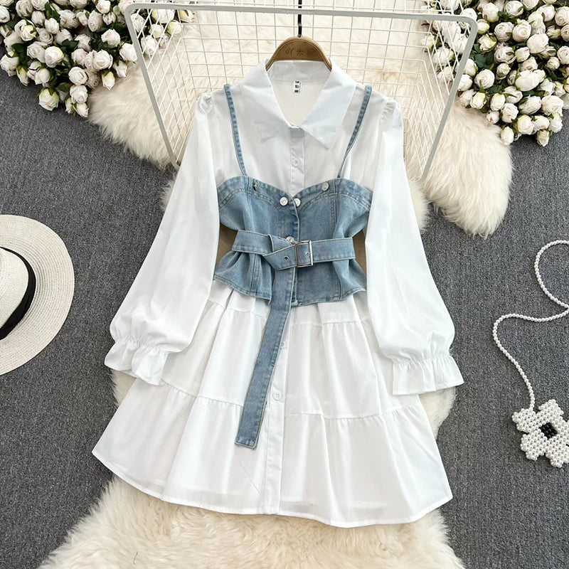 Women’s Two-Piece Set - White Shirt Dress with Waistcoat - Blue / One Size - All Dresses - Outfit Sets - 9 - 2024