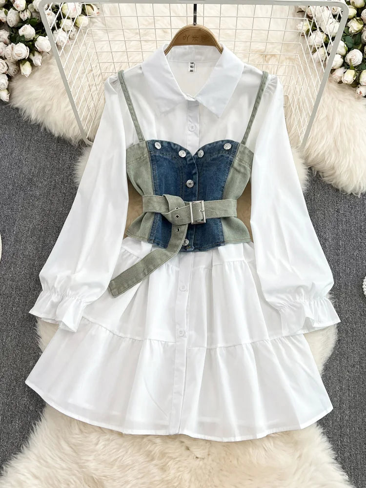 Women’s Two-Piece Set - White Shirt Dress with Waistcoat - All Dresses - Outfit Sets - 3 - 2024