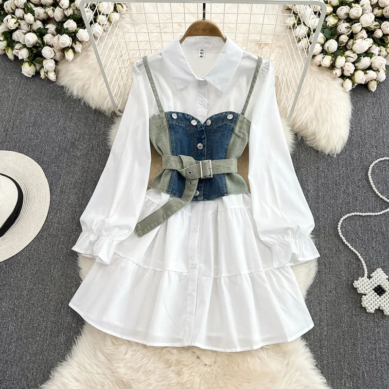 Women’s Two-Piece Set - White Shirt Dress with Waistcoat - All Dresses - Outfit Sets - 8 - 2024