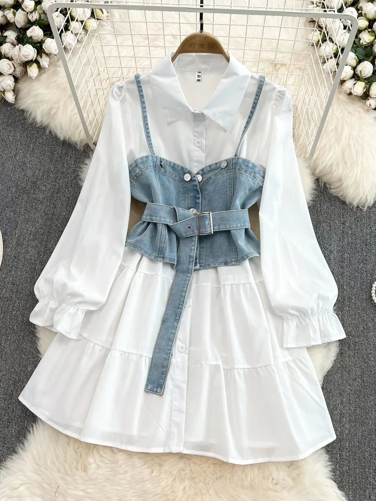 Women’s Two-Piece Set - White Shirt Dress with Waistcoat - All Dresses - Outfit Sets - 6 - 2024