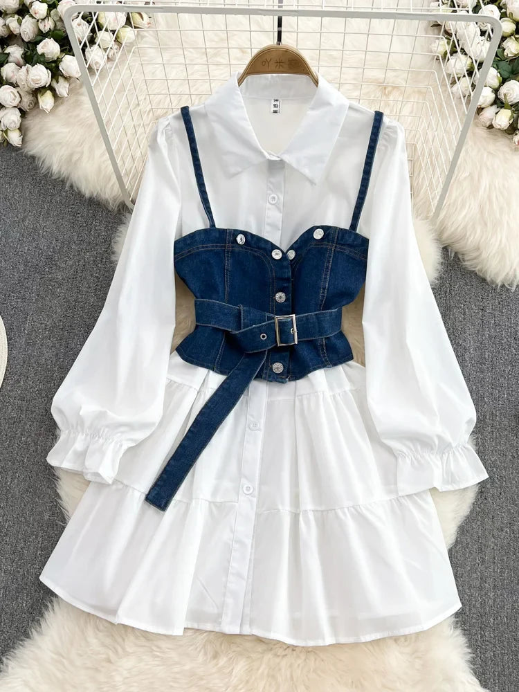 Women’s Two-Piece Set - White Shirt Dress with Waistcoat - All Dresses - Outfit Sets - 1 - 2024
