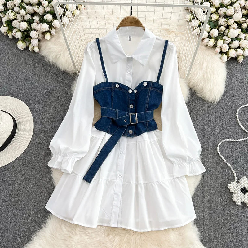 Women’s Two-Piece Set - White Shirt Dress with Waistcoat - Dark Blue / One Size - All Dresses - Outfit Sets - 7 - 2024