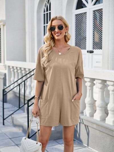 Backless Pocketed Round Neck Half Sleeve Romper - Khaki / S - All Products - Jumpsuits & Rompers - 1 - 2024
