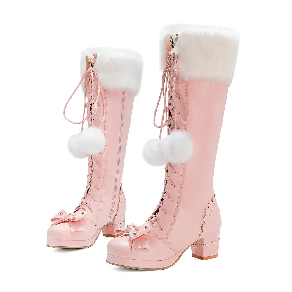 Bow Knee High Boots With Fur - Pink / 3 - All Products - Shoes - 8 - 2024