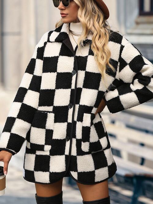 Checkered Button Front Coat with Pockets - All Products - Coats & Jackets - 4 - 2024