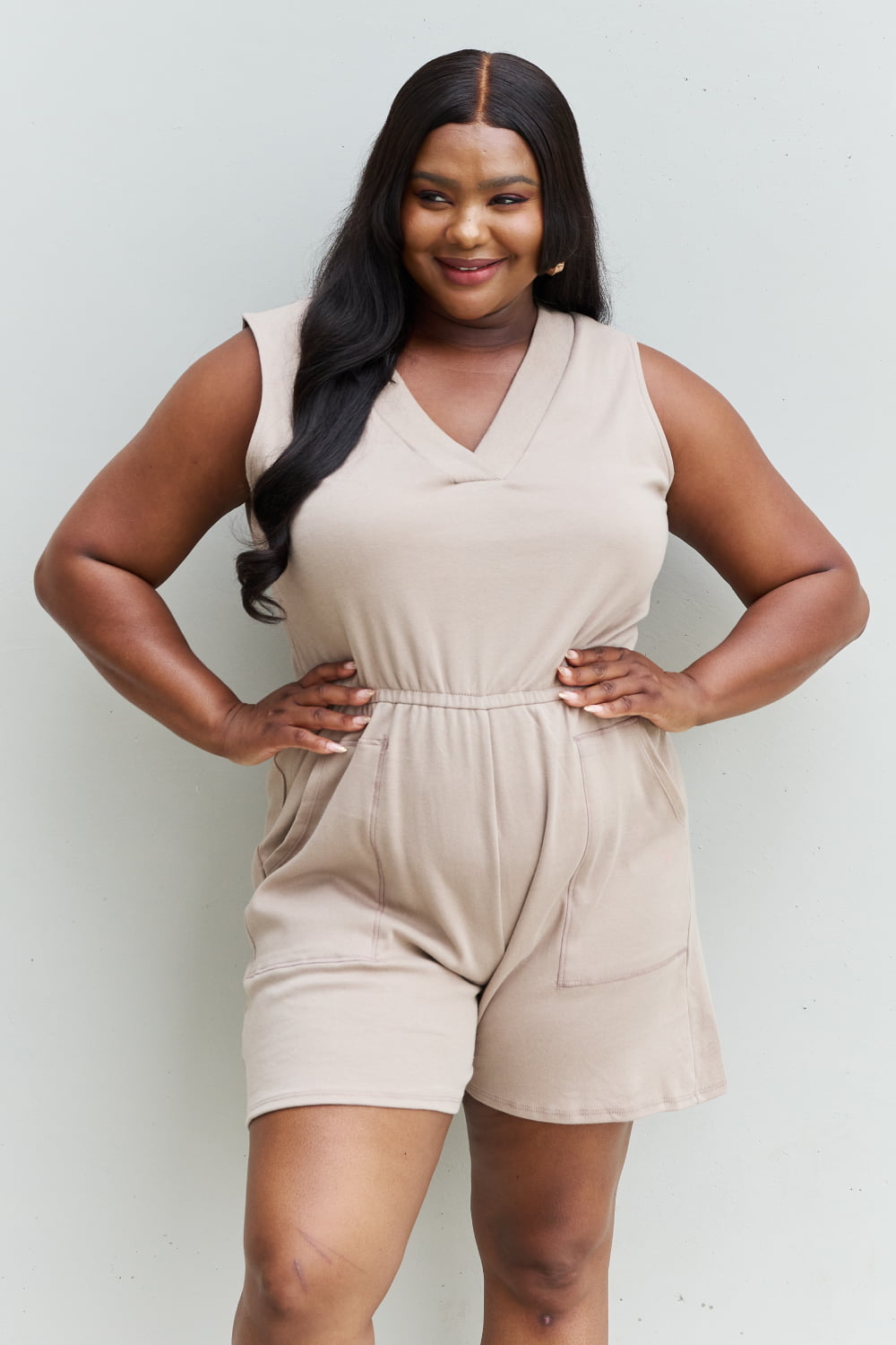 Forever Yours Full Size V-Neck Sleeveless Romper in Sand - All Products - Jumpsuits & Rompers - 3 - 2024