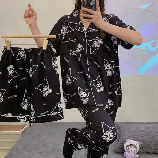 Hello Kitty Kuromi My Melody Cinnamoroll Flannel Pajamas - Black / L - All Products - Pajamas - 7 - 2024