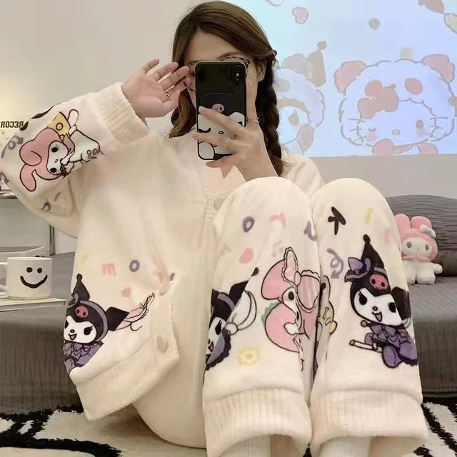 Hello Kitty Kuromi My Melody Cinnamoroll Flannel Pajamas - White / L - All Products - Pajamas - 14 - 2024