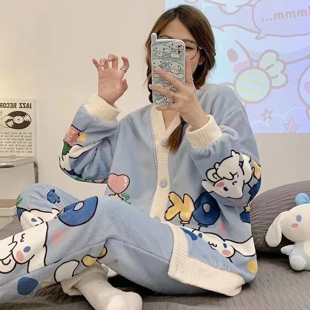 Hello Kitty Kuromi My Melody Cinnamoroll Flannel Pajamas - Blue / L - All Products - Pajamas - 12 - 2024