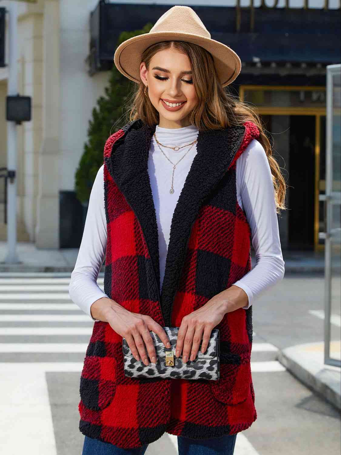 Plaid Hooded Vest - Deep Red / S - All Products - Vests - 1 - 2024