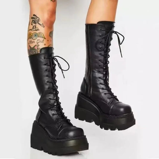 Platform Punk Boots - Black Leather Combat Booties - All Products - Shoes - 2 - 2024