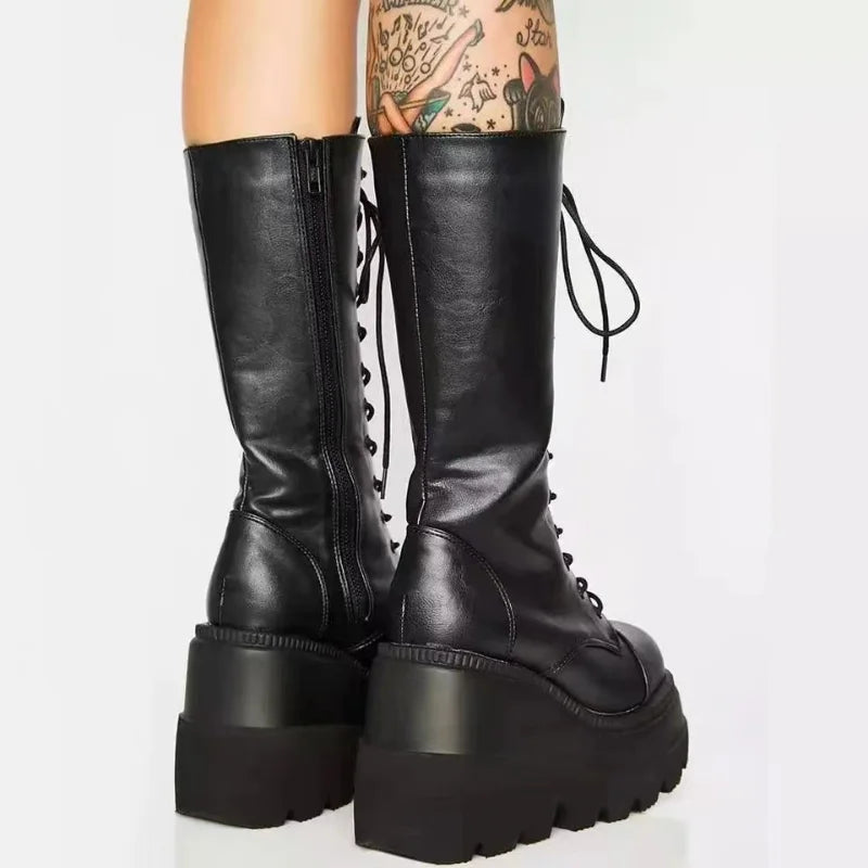 Platform Punk Boots - Black Leather Combat Booties - All Products - Shoes - 5 - 2024