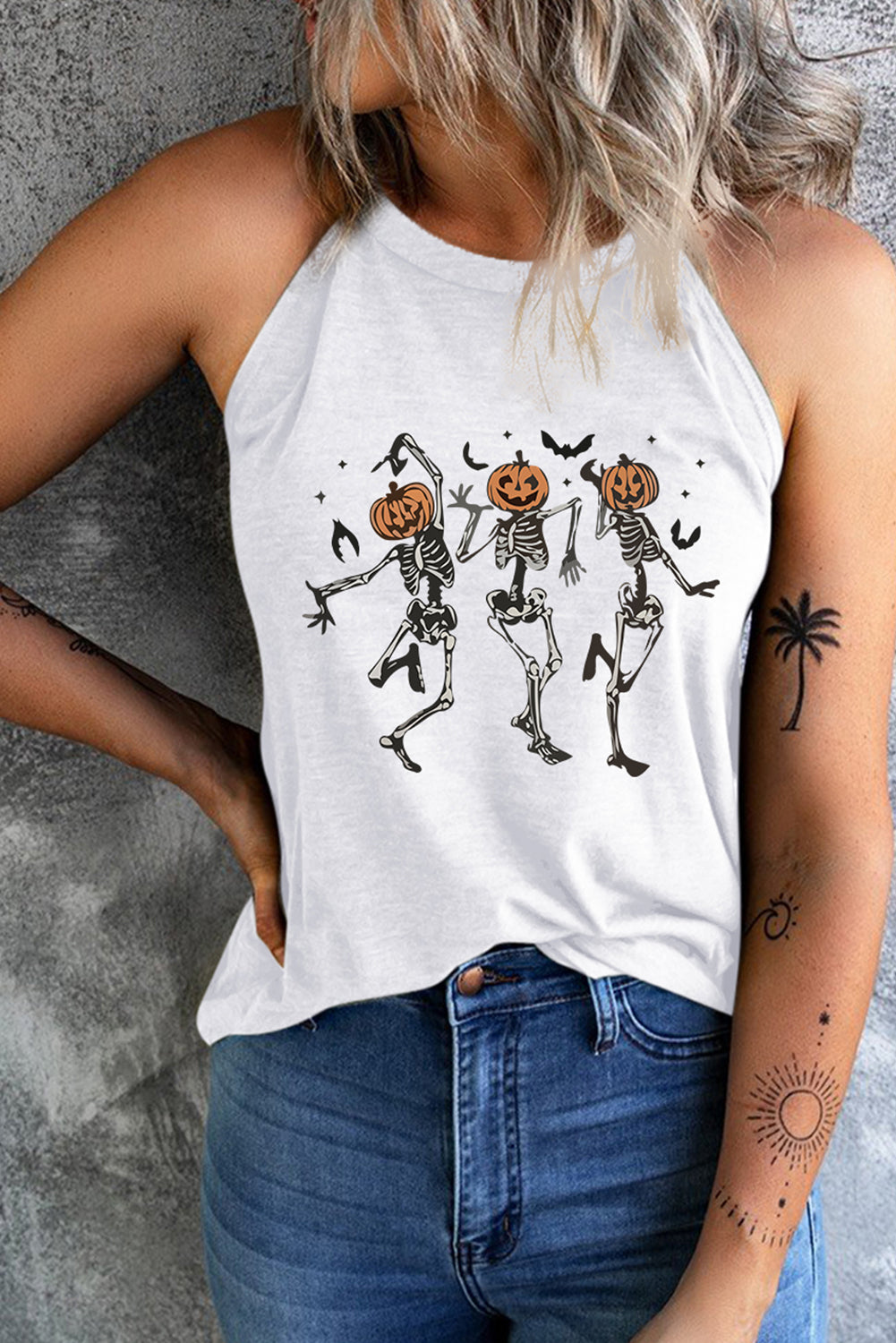 Round Neck Dancing Pumpkin Head Skeleton Graphic Tank - All Products - Shirts & Tops - 3 - 2024