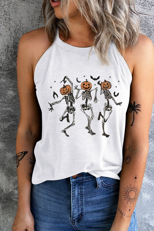 Round Neck Dancing Pumpkin Head Skeleton Graphic Tank - White / S - All Products - Shirts & Tops - 1 - 2024