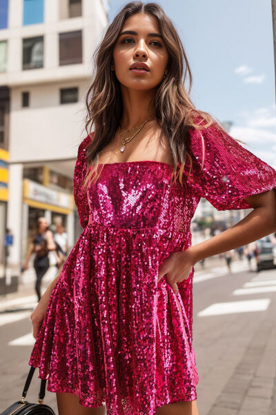 Sequin Square Neck Balloon Sleeve Romper - Deep Rose / M - All Products - Jumpsuits & Rompers - 1 - 2024