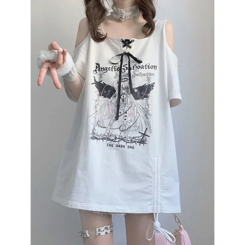 Off-Shoulder Angel Graphic Lace-Up Tee - T-Shirts - T-Shirt - 2