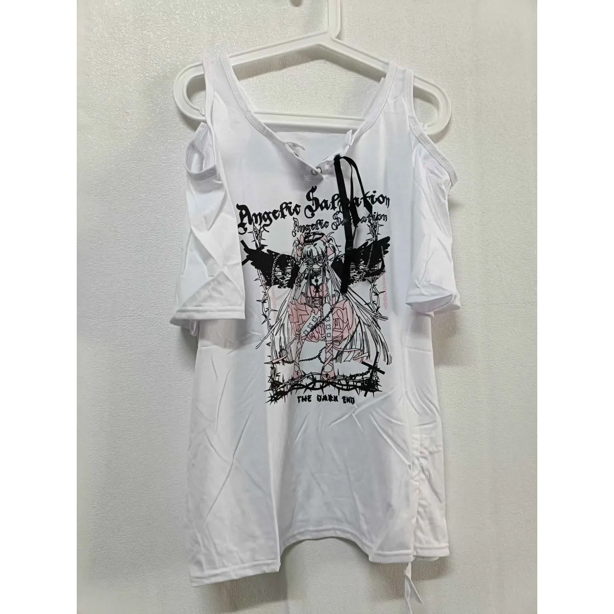 Off-Shoulder Angel Graphic Lace-Up Tee - T-Shirts - T-Shirt - 6